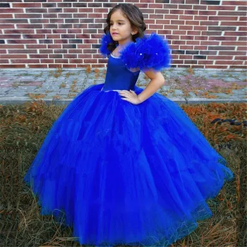 Пышное Праздничное платье Королевского синего цвета Для Маленьких девочек, Многослойные платья С цветочным узором Для девочек, Платье принцессы с Высоким Вырезом, Милые Платья Для Первого Причастия