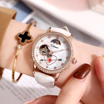 Розово-белые женские часы Лидирующий бренд Автоматические Механические наручные часы Женский кожаный ремешок Водонепроницаемые Модные повседневные часы