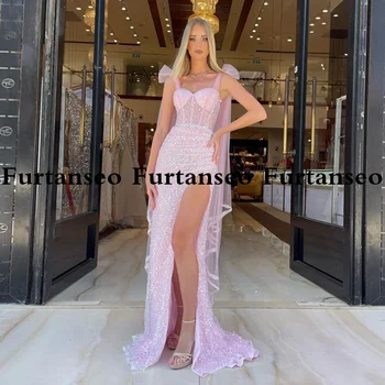 Розовое вечернее платье Furtanseo, роскошное вечернее платье с бисером и пайетками для конкурса красоты, галстук-бабочка, вечерние платья с высоким разрезом
