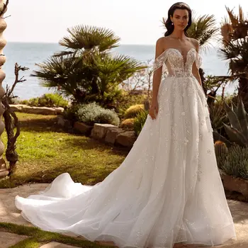Романтическое свадебное платье трапециевидной формы с цветочной аппликацией, открытыми плечами, расшитое блестками, Элегантное свадебное платье без рукавов Vestidos De Novia