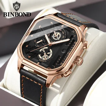 Роскошные мужские часы с хронографом BINBOND, модные кожаные Водонепроницаемые мужские часы Relogio Masculino
