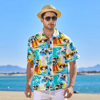 Рубашка Aloha Мужская Одежда 2023 Лето Кокосовая Пальма С Принтом С Коротким Рукавом Зеленые Гавайские Рубашки Мужская Пляжная Одежда Блузки Топы Мужские
