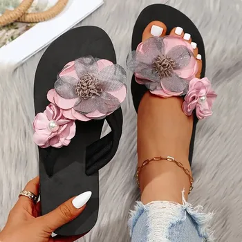 Сандалии на танкетке, женские тапочки, летняя пляжная обувь на платформе, тапочки с цветочным декором, женские тапочки, повседневная обувь с заколками, слайды
