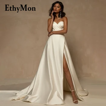 Свадебное платье Ethymon со шлейфом для женщин 2023, Платье с разрезом для невесты, Трапециевидное Платье с жемчугом, Платье без рукавов, Платье на заказ
