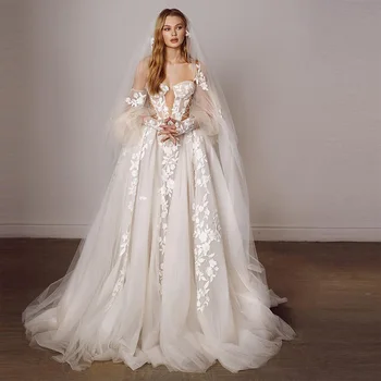 Свадебные платья COZOK Boho с кружевной аппликацией в виде сердечка и длинными рукавами, Пляжное платье невесты трапециевидной формы 2023 vestidos de novia