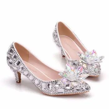 Свадебные туфли Crystal Queen На тонком каблуке, Серебристый острый носок, Музыкальный концерт, банкет, Персонализированный подарок, Женские туфли-лодочки принцессы
