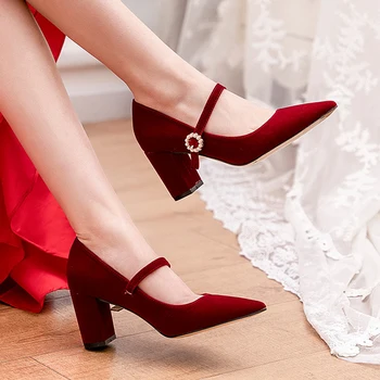 Свадебные туфли на заказ Для невест, Подарок для пар, Красные Бордовые туфли на высоком каблуке, Женские туфли-лодочки Mary Jeans на среднем толстом каблуке из флока с ремешком на ремне