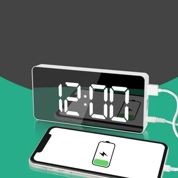 Светодиодный цифровой будильник Зеркальный столик Электронные Настольные часы Зарядка мобильного телефона USB Время пробуждения Повтор