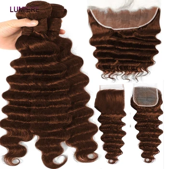 Свободные пучки человеческих волос с глубокой волной и застежкой спереди, 5x5 HD, каштаново-коричневые волосы, плетение для наращивания пучками