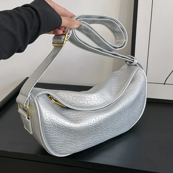 Серебристые сумки через плечо из мягкой кожи для женщин, роскошная дизайнерская большая сумка через плечо, модные женские сумки-бродяги, простые