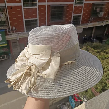 соломенная шляпа с жемчугом-ведром, ретро французская соломенная шляпа Хепберн, черная соломенная шляпа с маленькими полями, солнцезащитная пляжная шляпа, женские летние шляпы для женщин