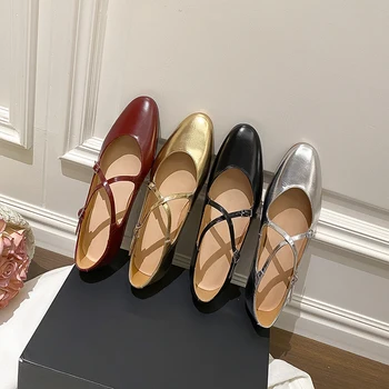 Туфли Мэри Джейн с перекрестной пряжкой и круглым носком на плоской подошве, винтажные серебряные туфли-лодочки из лакированной кожи во французском стиле
