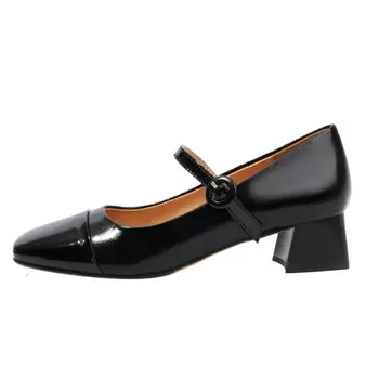 Туфли Мэри Джейнс на коротком каблуке, женские туфли-лодочки из натуральной кожи с квадратным носком, офисные свадебные туфли на каблуке черного и красного цвета, женские большие размеры