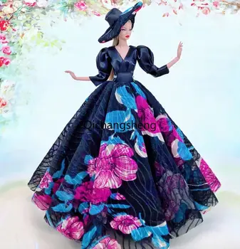 Фиолетово-черное вечернее платье с пышными рукавами в цветочек 1/6 BJD Кукольная одежда для Барби Платье Свадебные платья Шляпа Наряд принцессы Игрушка 11.5