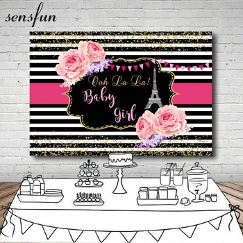 Фон для фотосъемки Sensfun Розовые цветы, овсянка, белый, черный, полосатый Фон для вечеринки по случаю дня рождения, душа ребенка, 7x5 футов