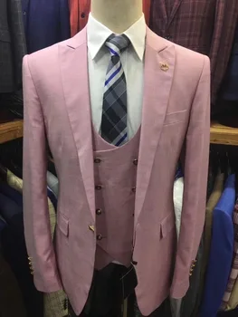 Формальный розовый свадебный смокинг жениха, мужские костюмы, сшитые на заказ, приталенный мужской комплект Terno Masculino из 3 предметов (пиджак + брюки + жилет + галстук)