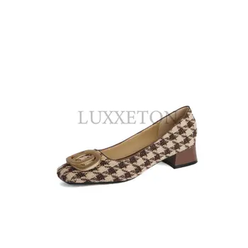 Французская модная обувь в клетку в стиле ретро, Новая металлическая пряжка с мелким вырезом, универсальная женская обувь на толстом каблуке, банкетный наряд