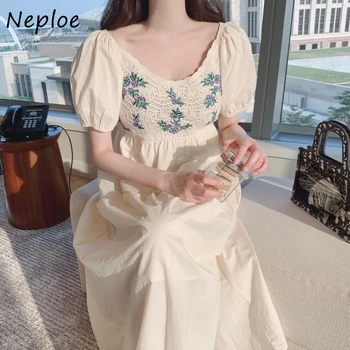 Французское Темпераментное платье Neploe 2023, Летние Винтажные халаты с квадратным воротником и пышными рукавами, женские платья с цветочной вышивкой, дизайн Vestidos