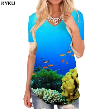 Футболка KYKU Fish, женская футболка с животным V-образным вырезом, Коралловые футболки С принтом Океана, Забавные футболки, Женская одежда в стиле Хип-хоп, Повседневные Топы