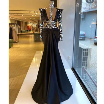 черные платья для выпускного вечера 2023 с высоким воротом и кристаллами, вечерние платья трапециевидной формы с длинным рукавом и кристаллами, платья