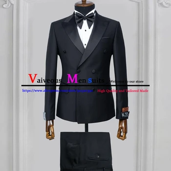 Черный мужской костюм, комплект Двубортных официальных костюмов для мужчин, Приталенный, из 2 предметов, Смокинг для жениха на выпускной, Мужской деловой блейзер, комплекты