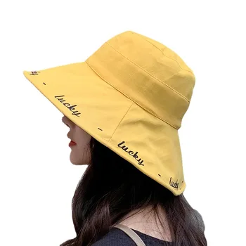 Шляпа женская рыбацкая шляпа весна-осень корейская версия двусторонней можно носить вышитую буквами шляпу от солнца, большую вдоль горшка шляпу