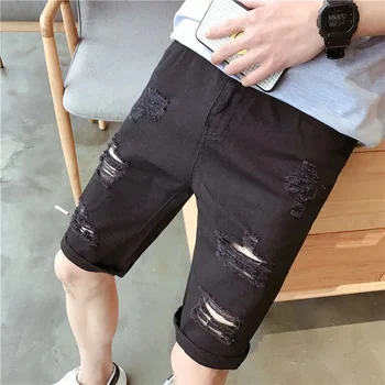 Шорты 2023Denim, мужские капри с перфорацией для нищих, трендовые Корейские узкие брюки, Летние Тонкие свободные джинсы