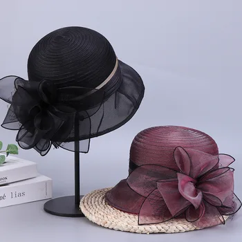 Элегантная летняя женская шляпа для отдыха, Пляжная Женская цветочная шляпа от солнца, Широкополая шляпа, Шелковая Цветочная панама, Повседневная кепка, Женская фетровая шляпа