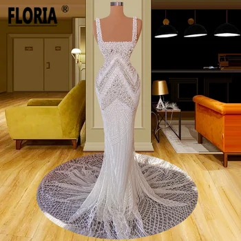 Элегантное вечернее платье Русалки, расшитое крупным жемчугом, расшитое бисером 2023, Белое хрустальное платье на бретельках-спагетти со шлейфом для выпускного вечера, Robe De Soiree