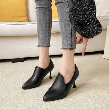 элегантные женские осенне-зимние туфли на высоком каблуке с острым носком 8 см, кожаные туфли на шпильке, женские корейские рабочие туфли-лодочки без застежки