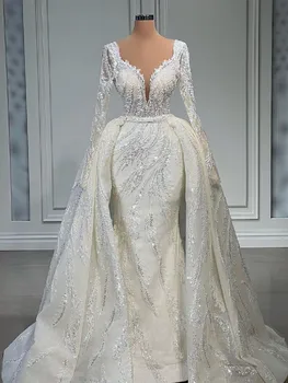 Элегантные свадебные платья Русалки с длинными рукавами и Vобразным вырезом Пайетки 3D Аппликации Из бисера Съемный шлейф Свадебные платья Vestina De Novia